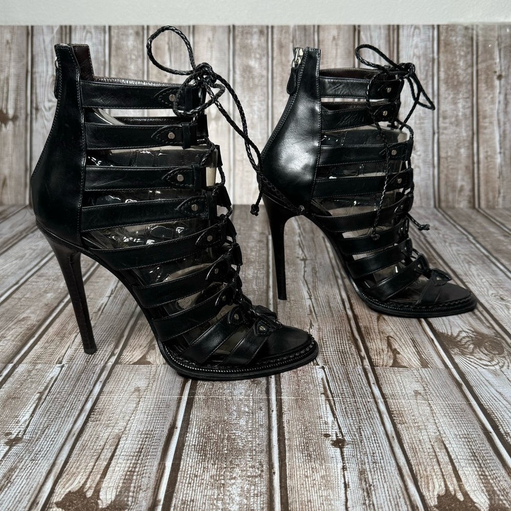 Roberto Cavalli Black Leather Lace Up Heels Size 9.5